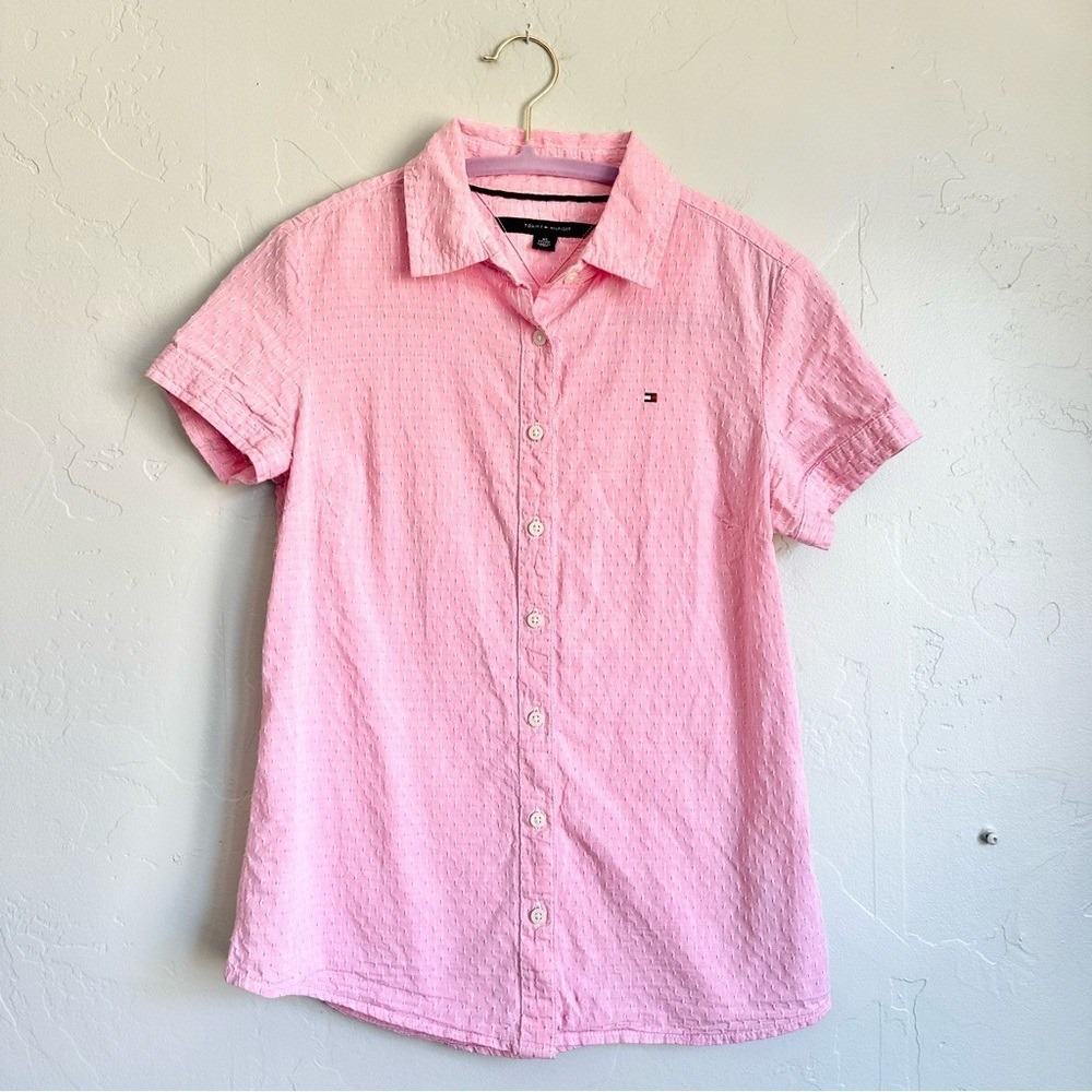 Tommy Hilfiger Women Preppy Pink Y2K Button Up Short Sleeve Shirt XS EUC